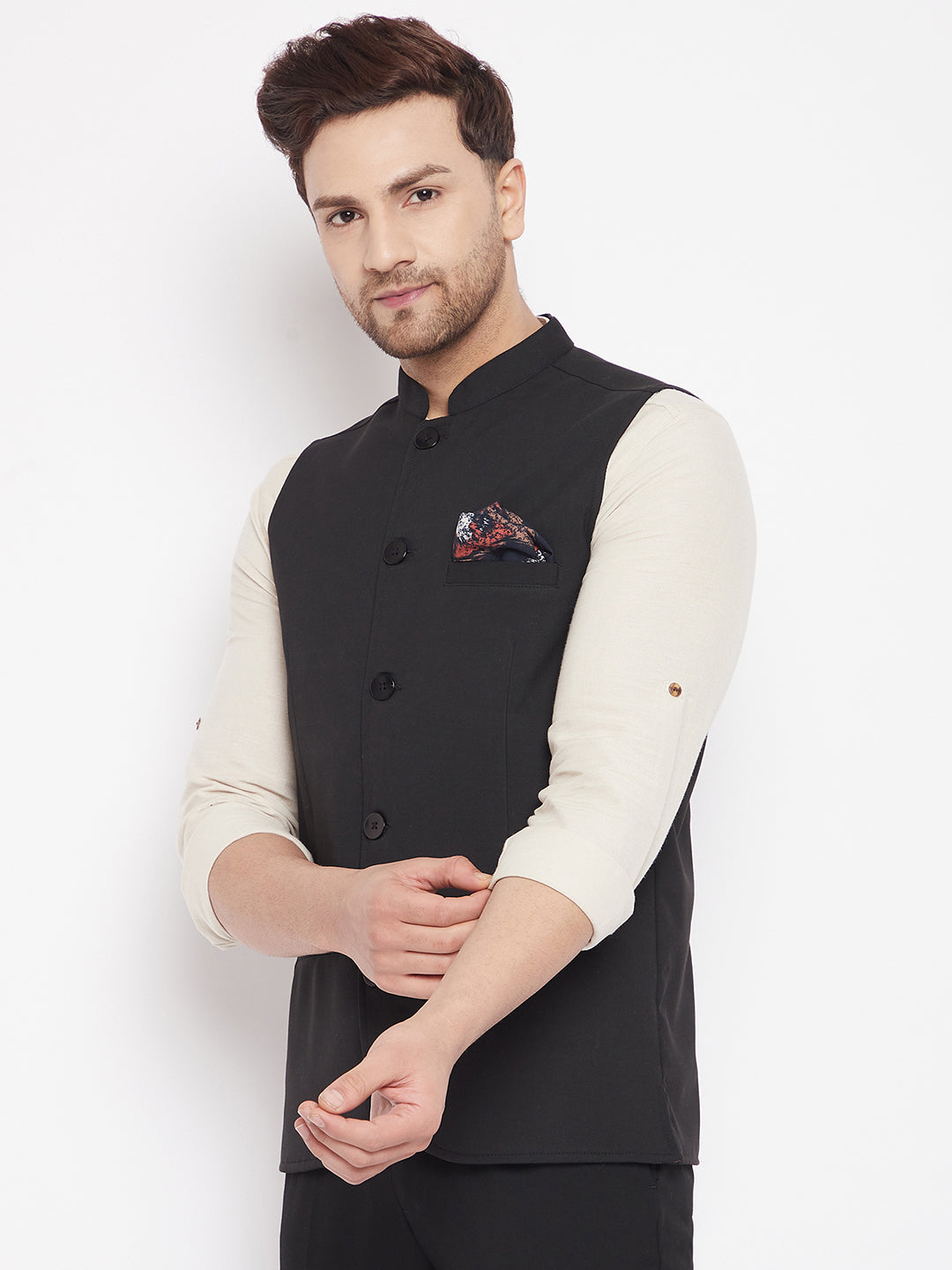 Men's Black Color Nehru Jacket-Contrast Lining-Inbuilt Pocket Square