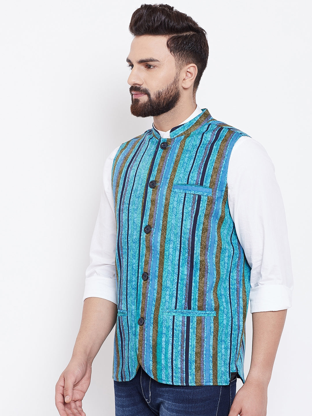 Men's Blue Striped Nehru Jacket