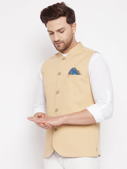 Men's Beige Color Nehru Jacket-Contrast Lining-Inbuilt Pocket Square