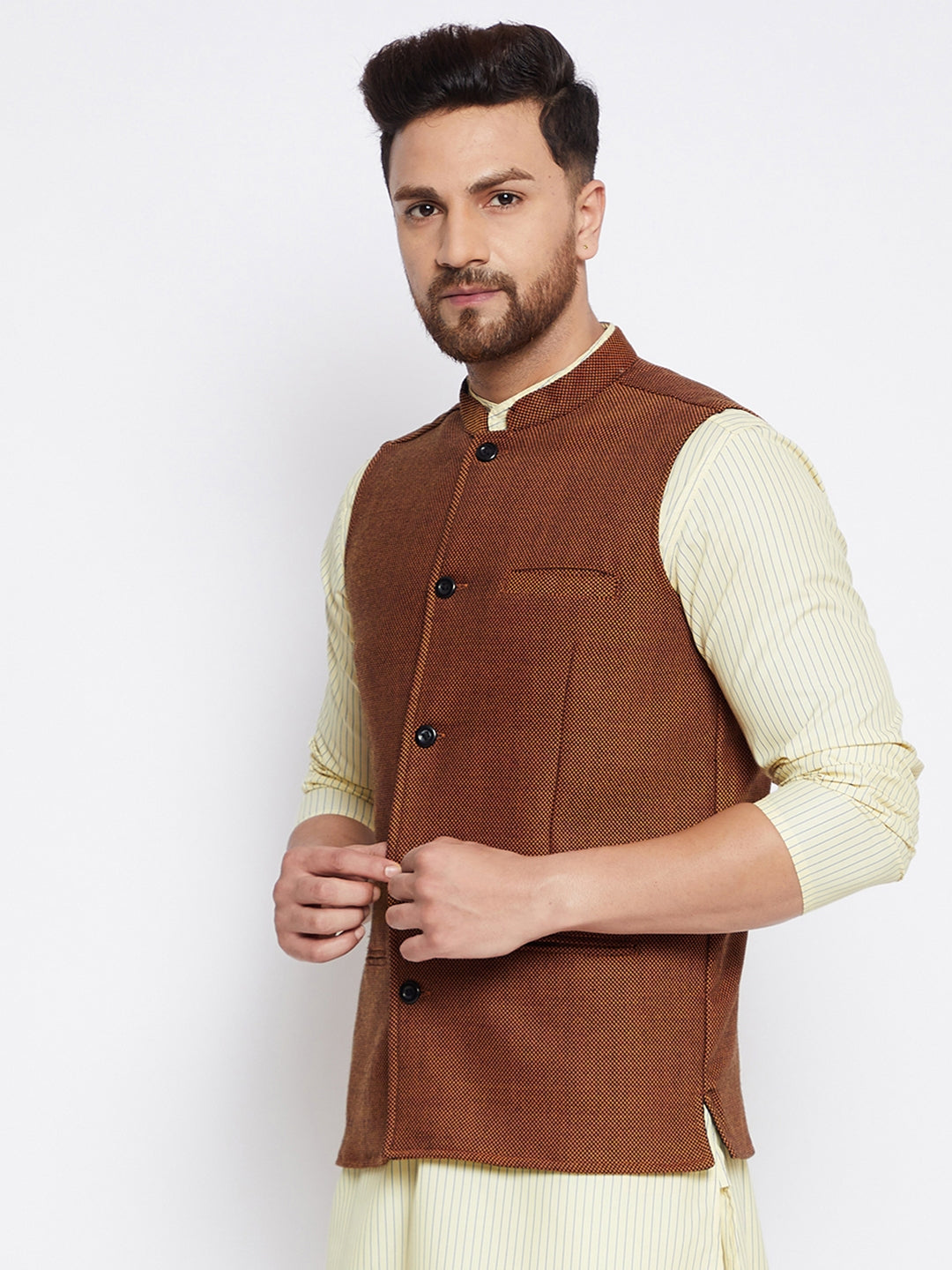 Men's Bronze Woven Design Nehru Jacket