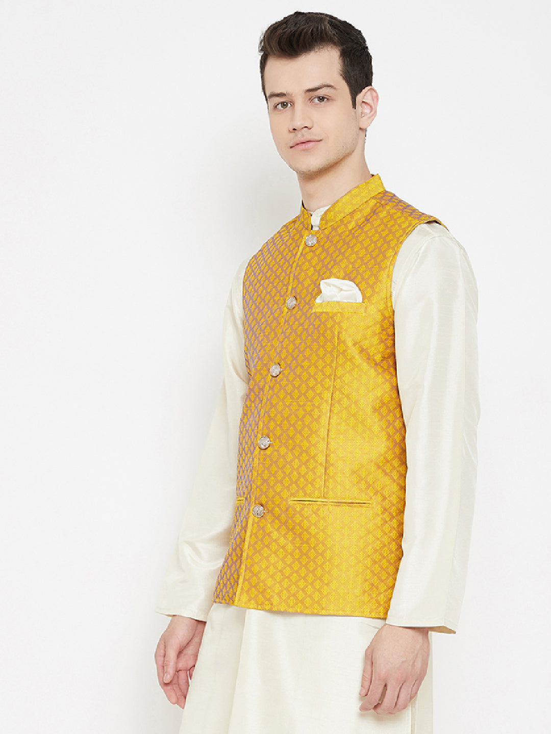 Men's Jacquard Yellow Silk Nehru Jacket