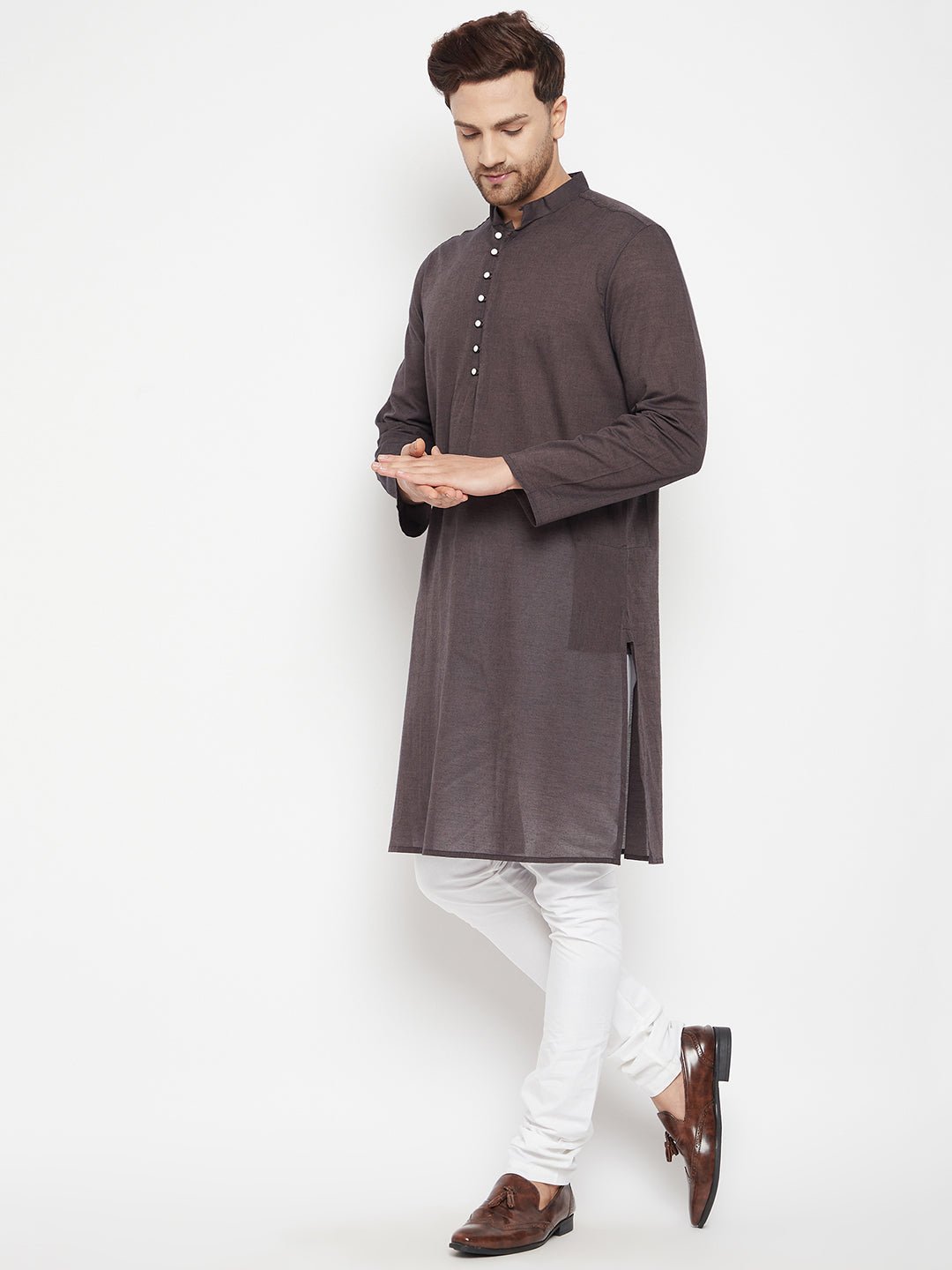 Men's Brown Color Long Kurta with Band Collar