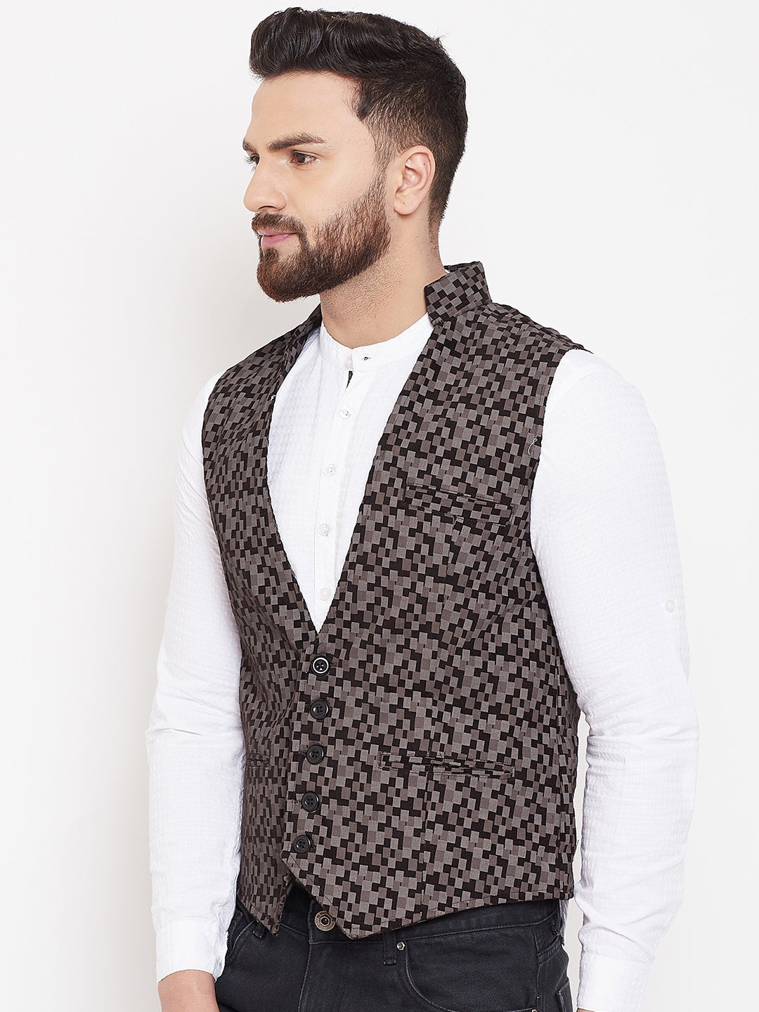 Men's Printed Brown Pure Cotton Waistcoat