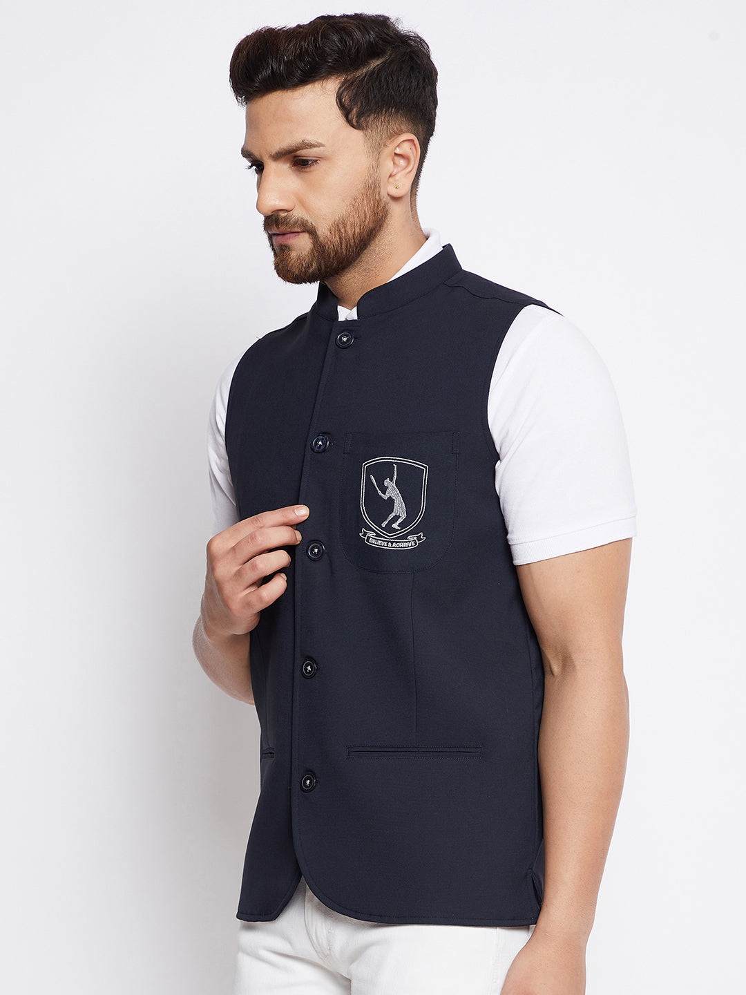 Men's Blue Woven Design Nehru Jacket