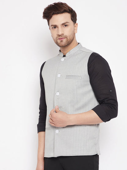 Men's Grey Color Woven Nehru Jacket