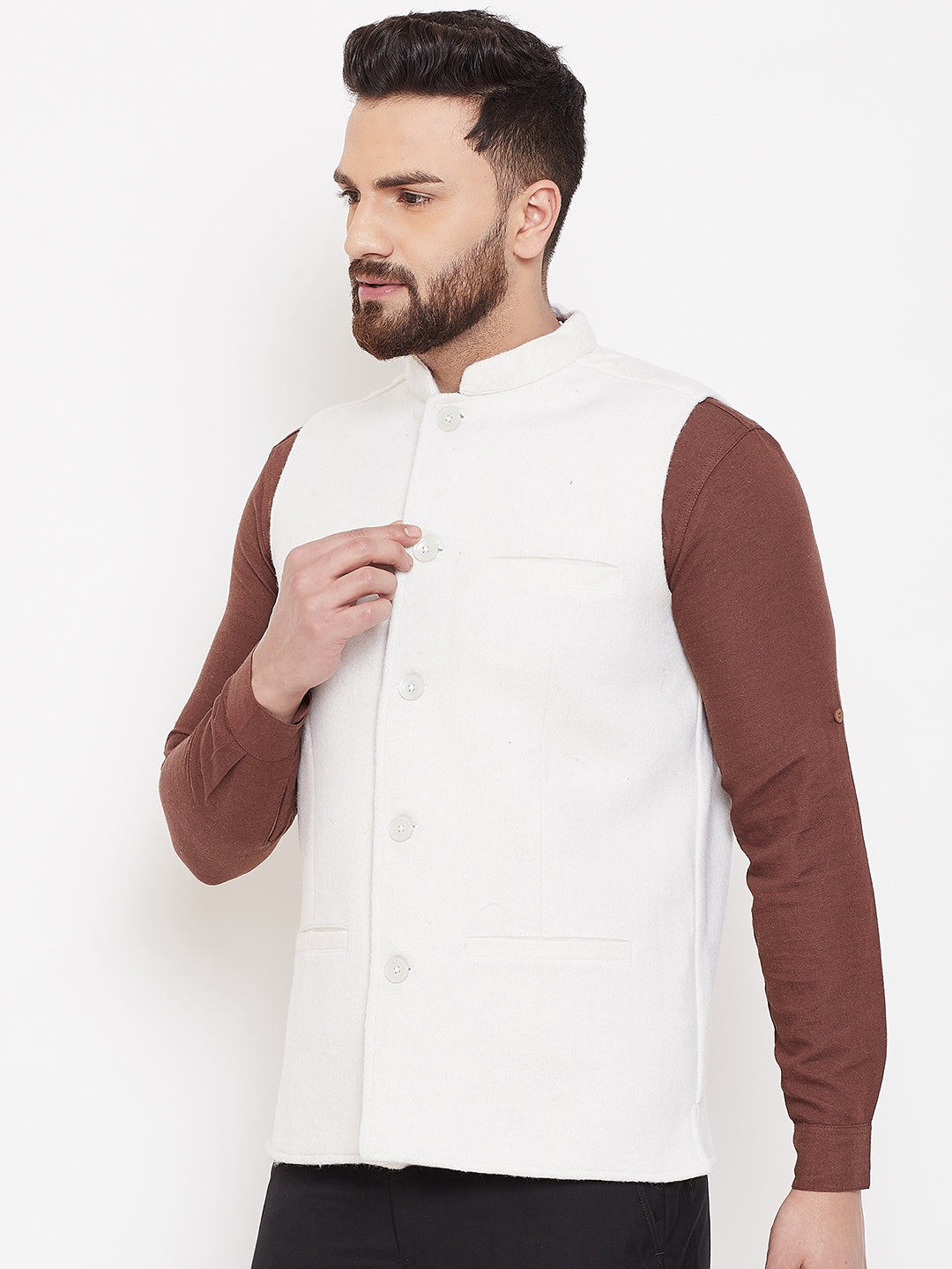 Men's White Wool Nehru Jacket