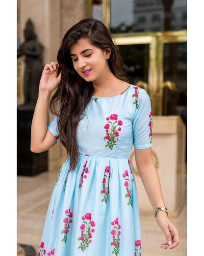 Women's Light Blue Printed Long Kurta Dress (1pcs) - Label Shaurya Sanadhya