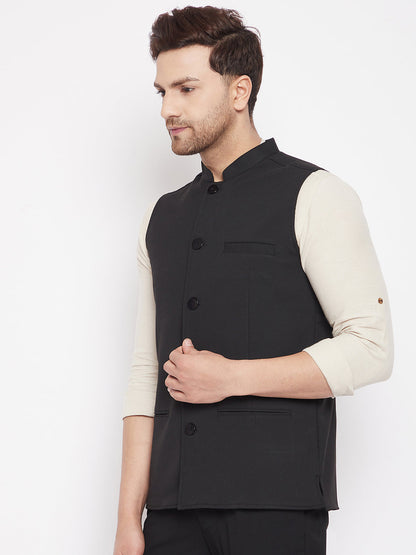 Men's Black Color Woven Nehru Jacket