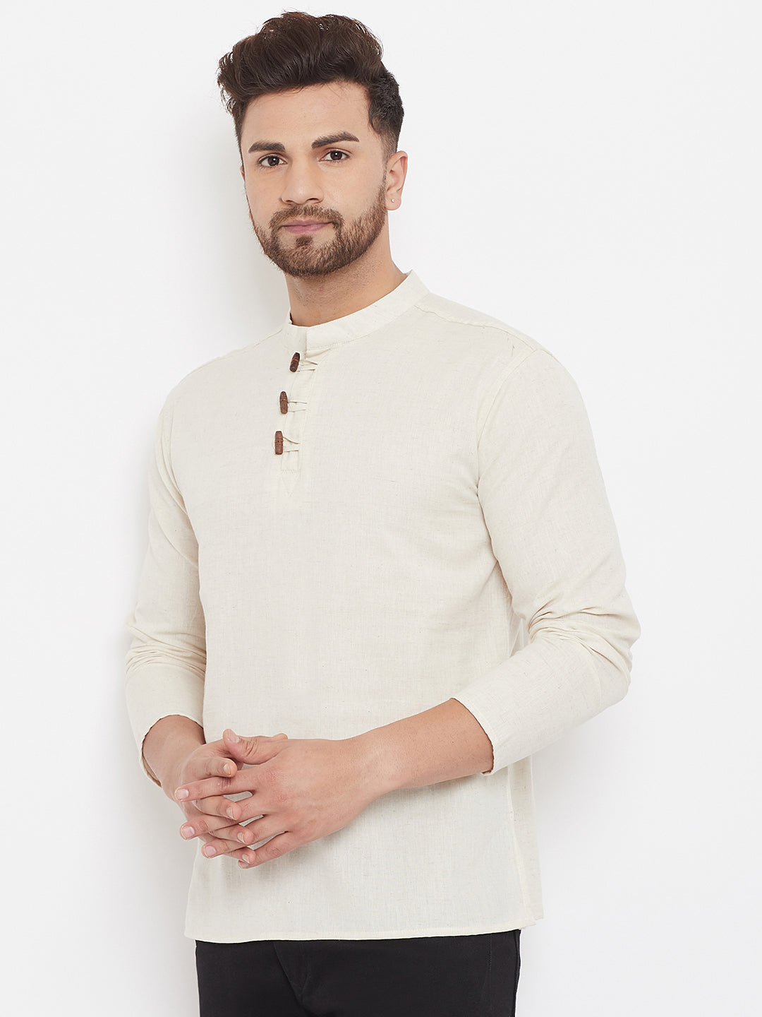 Men's Cream Button Placket Shirt Kurta