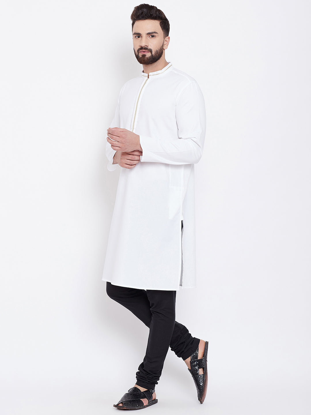 Men's White Zari Work Cotton Kurta