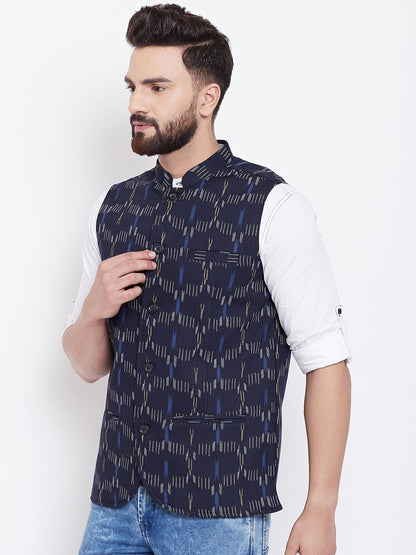 Men's Printed Navy Blue Nehru Jacket