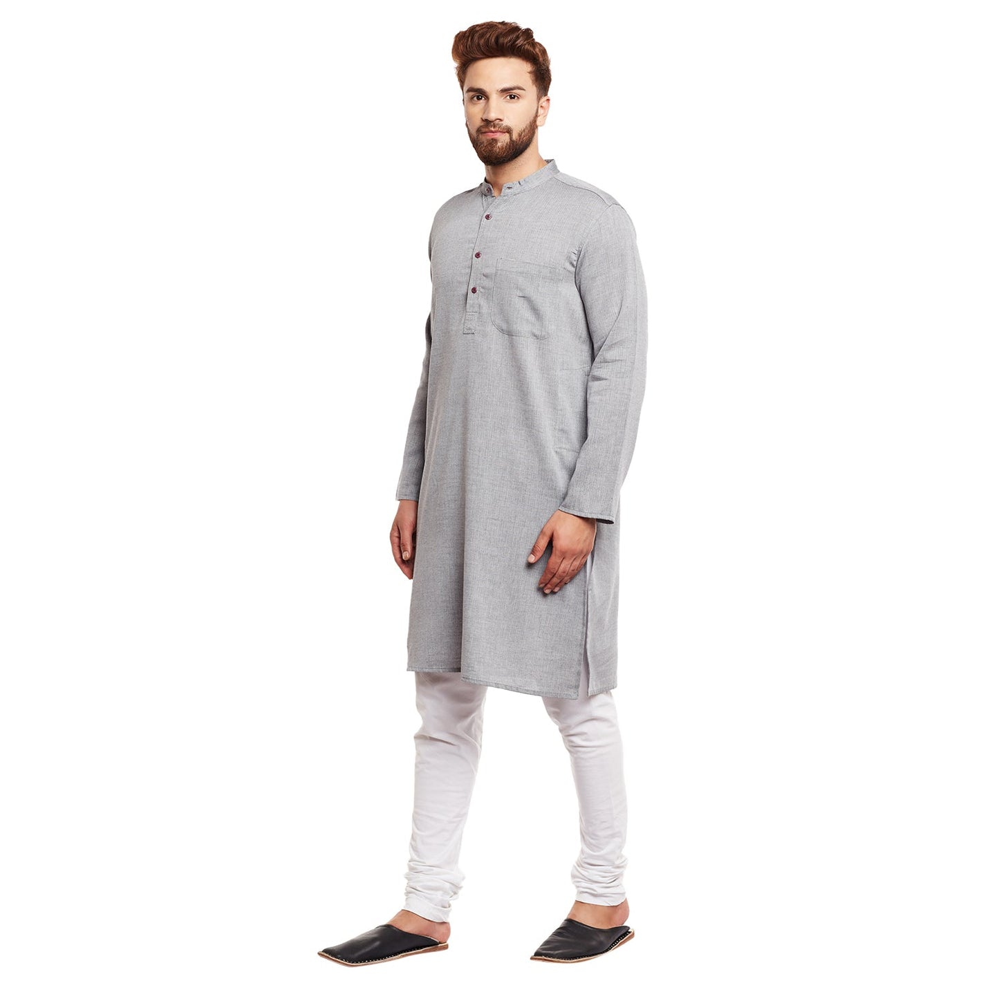 Men's Light Grey Solid Cotton Kurta