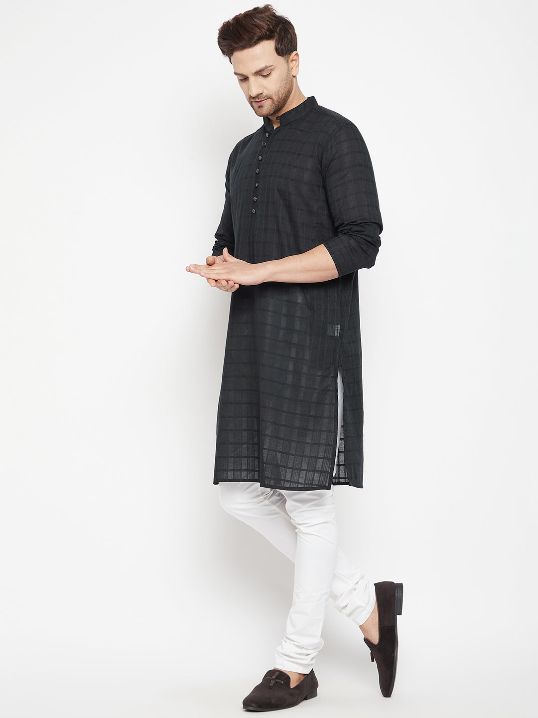 Men's Black Color Long Kurta with Band Collar