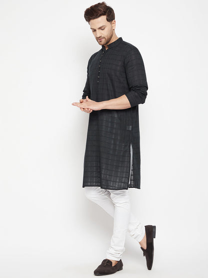 Men's Black Color Long Kurta with Band Collar