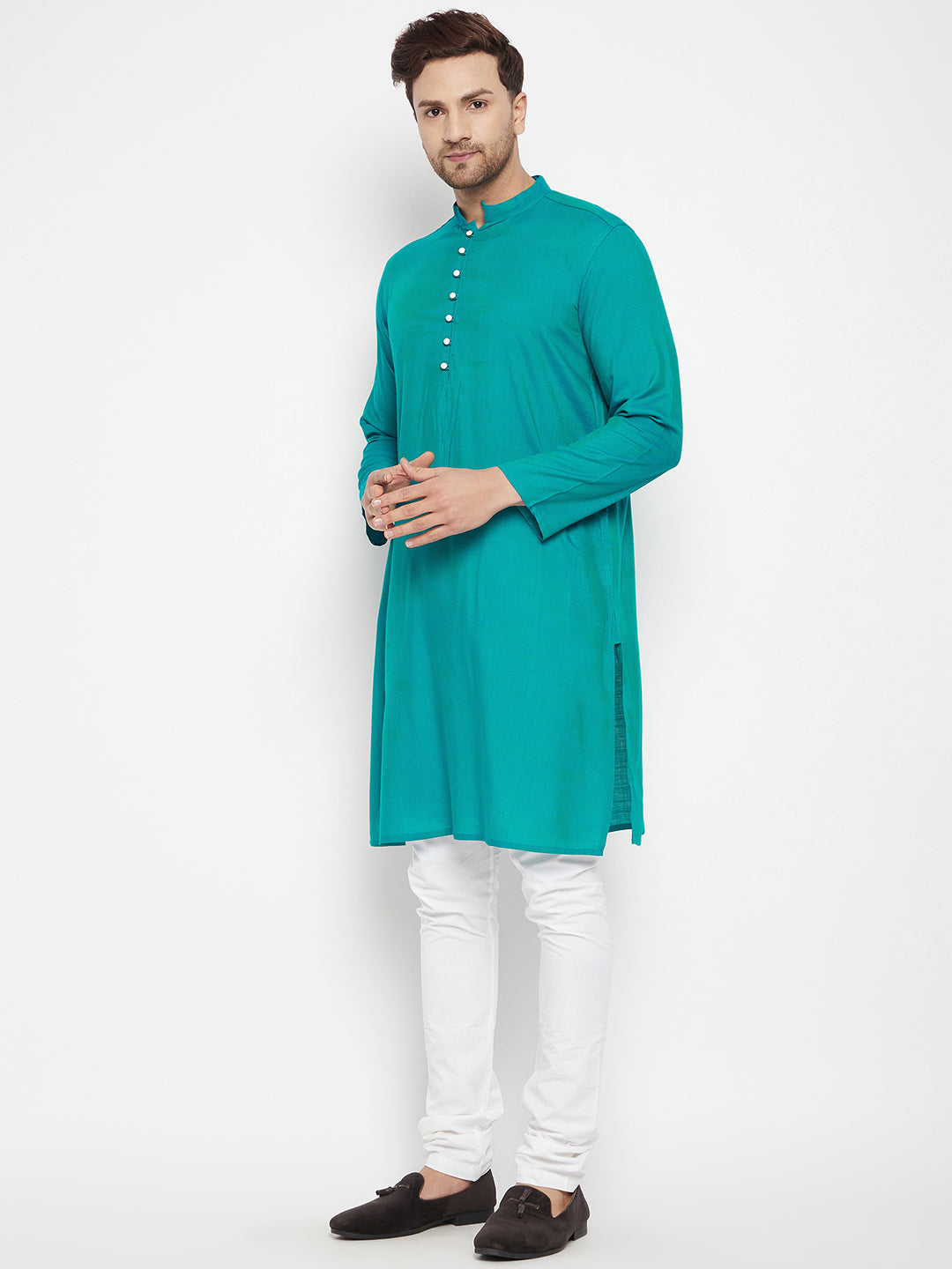 Men's Green Color Long Kurta with Band Collar