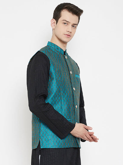 Men's Jacquard Blue Silk Nehru Jacket