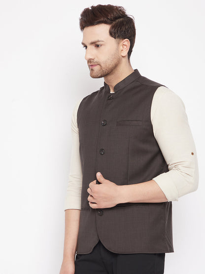 Men's Brown Color Woven Nehru Jacket