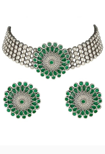 Women's Oxidised Silver-Plated Brass Finish Kundan Choker (Green)