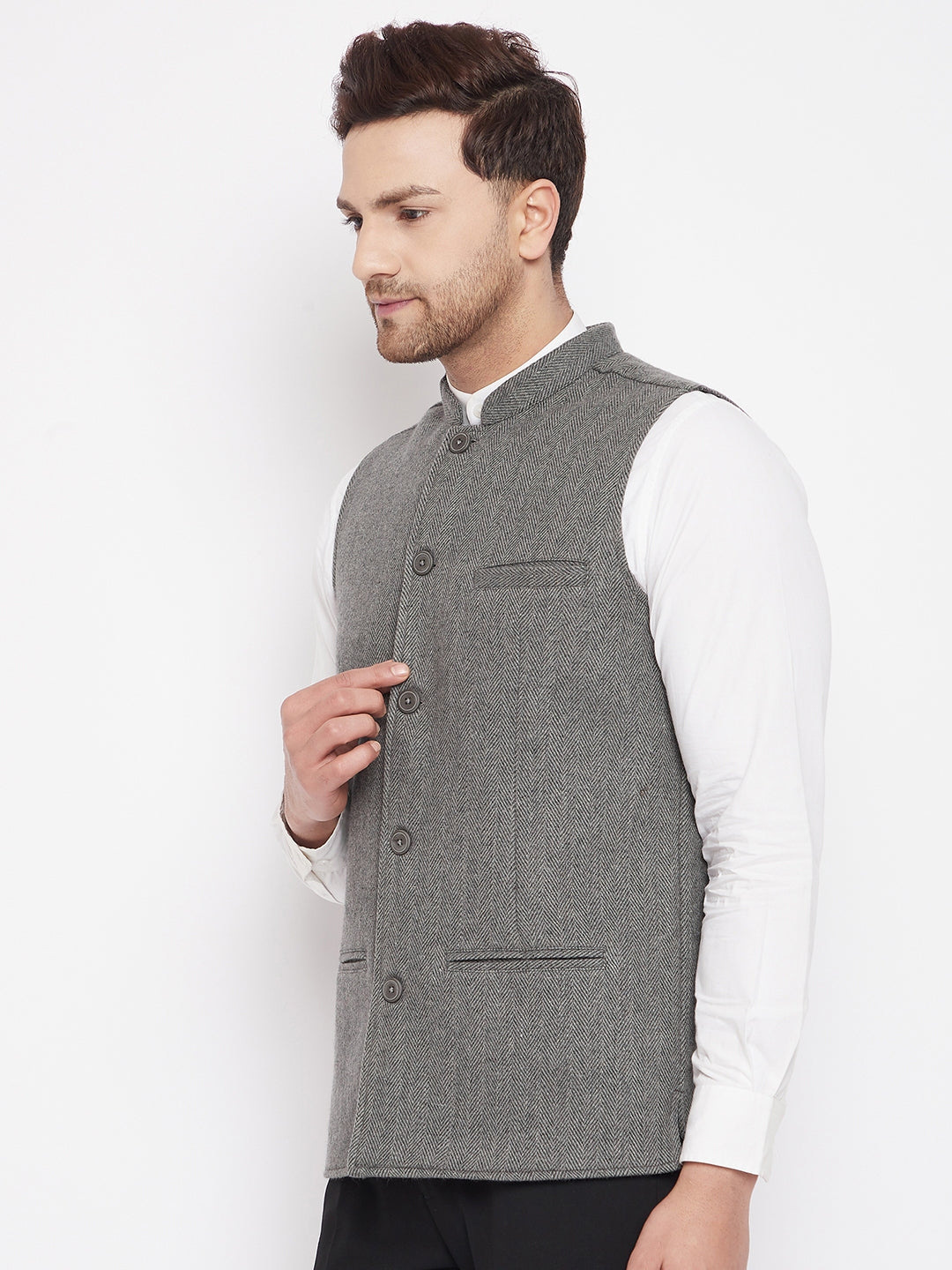 Men's Grey Color Woven Nehru Jacket