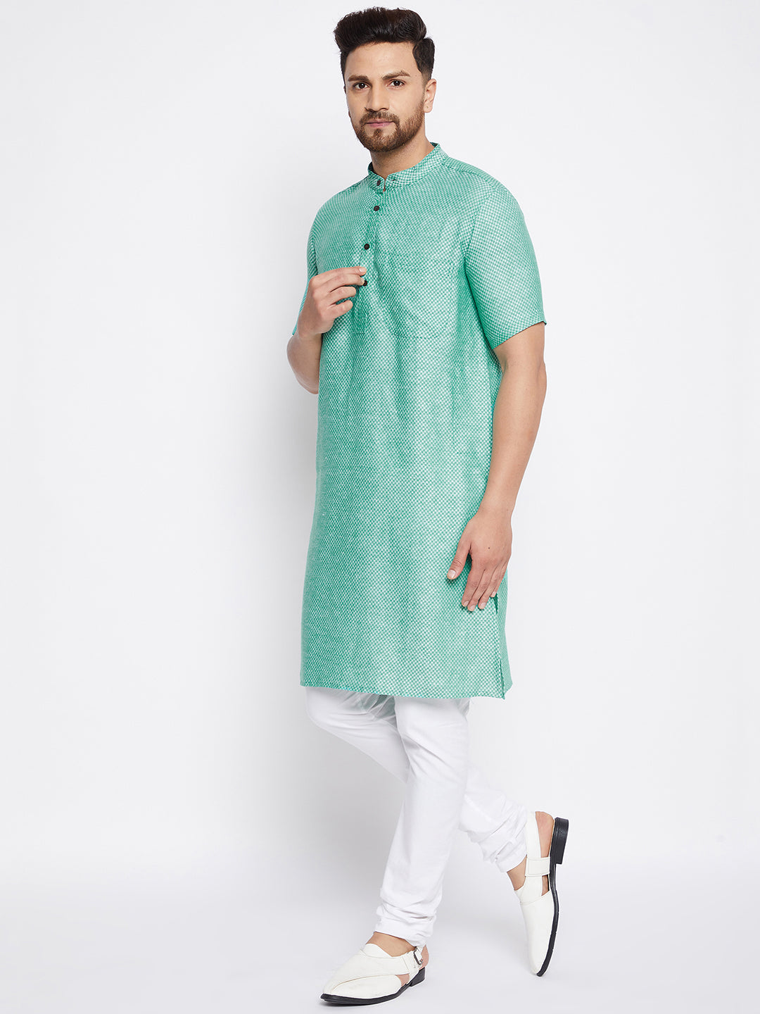 Men's Pure Cotton Striped Green Kurta