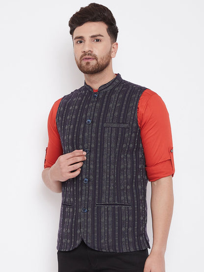 Men's Ethnic Jacquard Navy Blue Nehru Jacket