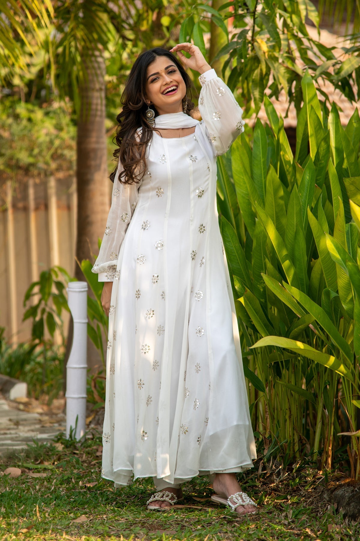 Women's White Sequin Alternate Kali Anarkali Set - Label Shaurya Sanadhya