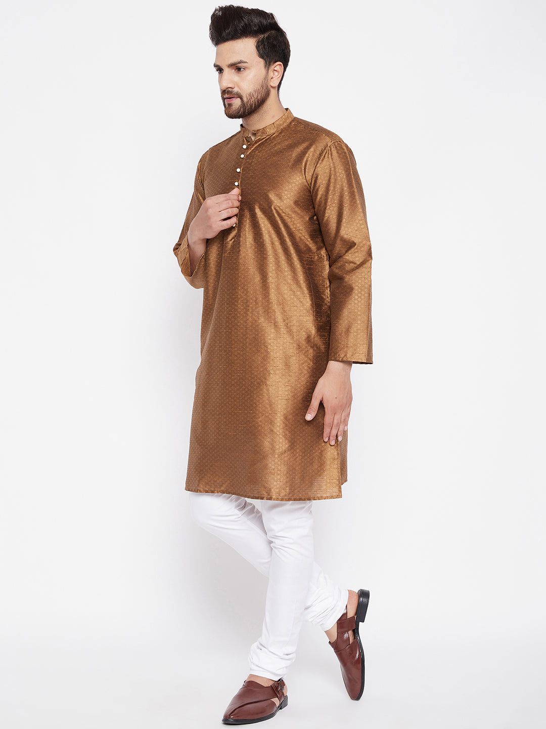 Men's Woven Design Brown Straight  Kurta