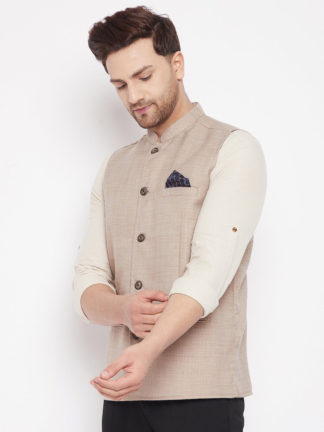 Men's Cream Color Nehru Jacket-Contrast Lining-Inbuilt Pocket Square