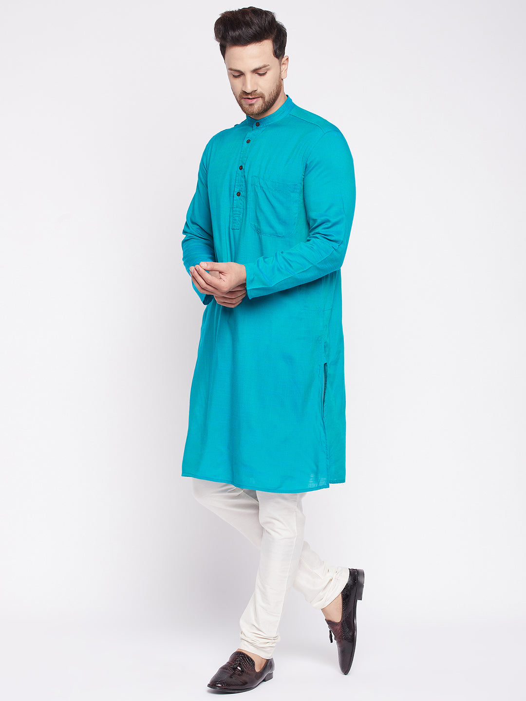 Men's Long Kurta with Band Collar -