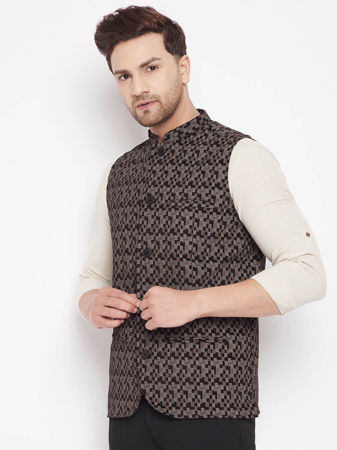 Men's Black Color Woven Nehru Jacket