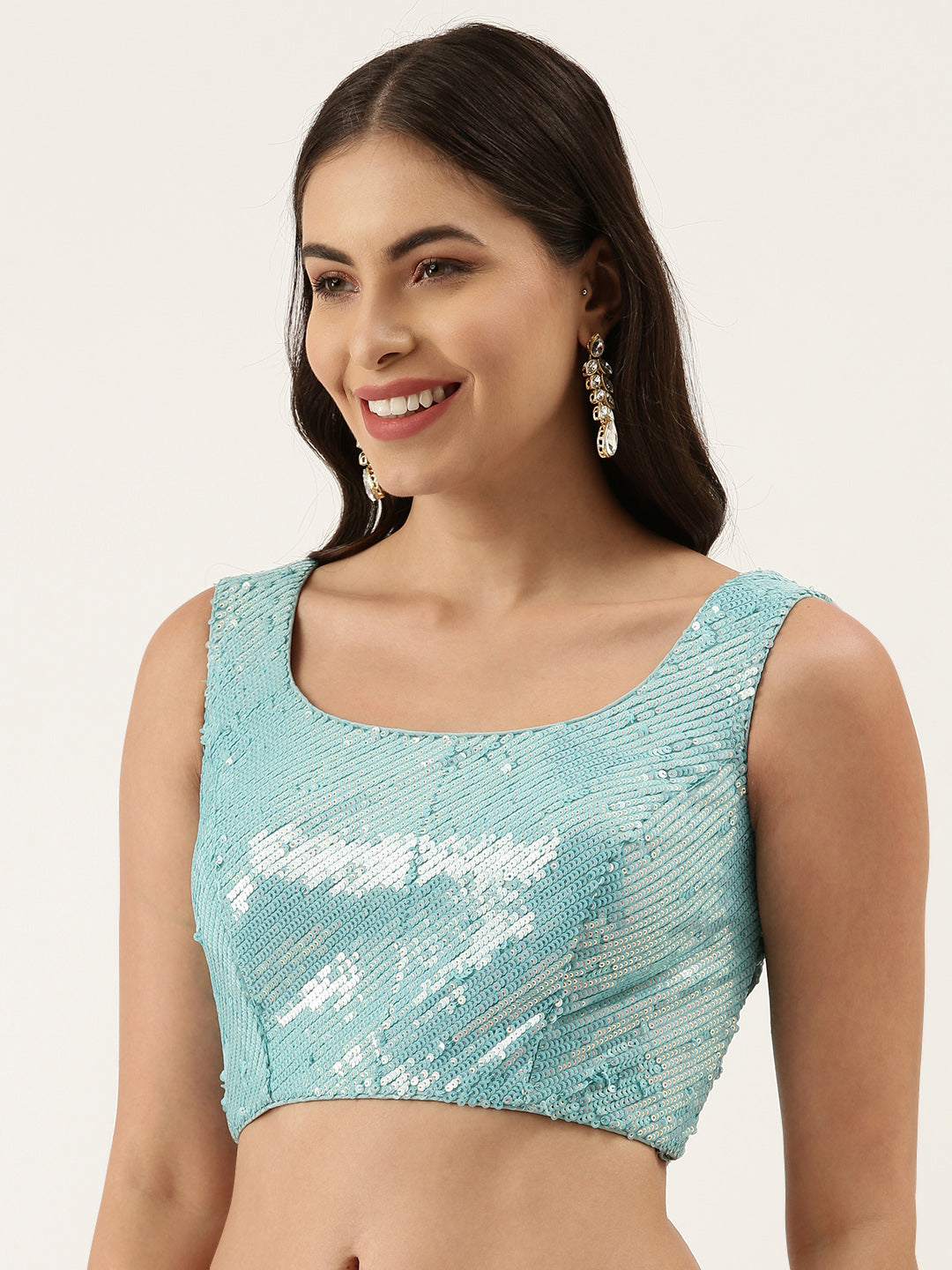 Women's Turquoise Sequince Work Net Blouse