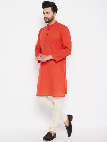 Men's Pure Cotton Striped Orange Kurta