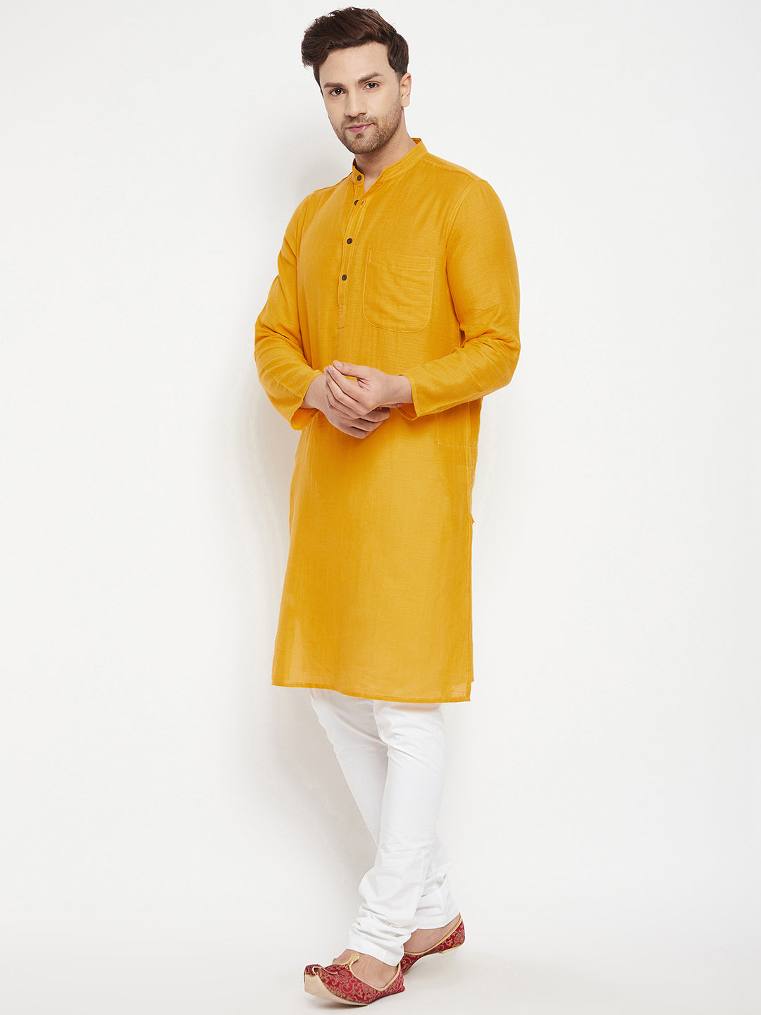 Men's Yellow Color Long Kurta with Band Collar