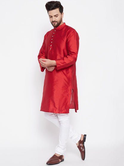 Men's Woven Design Red Straight  Kurta