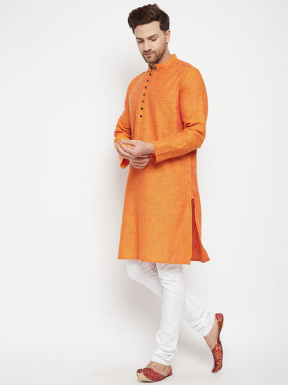 Men's Orange Color Long Kurta with Band Collar