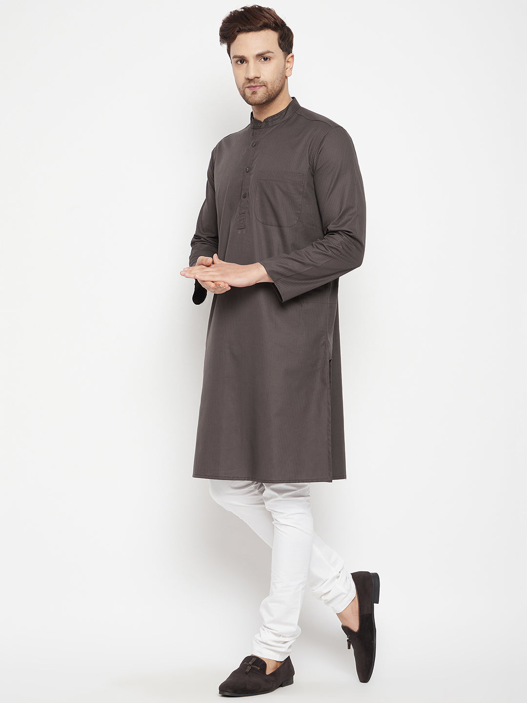 Men's Brown Color Long Kurta with Band Collar