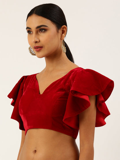 Women's Red Velvet Ruffle Sleeves Readymade Blouse