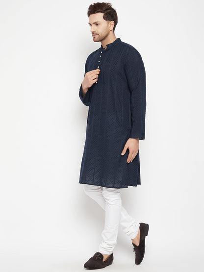 Men's Blue Color Long Kurta with Band Collar