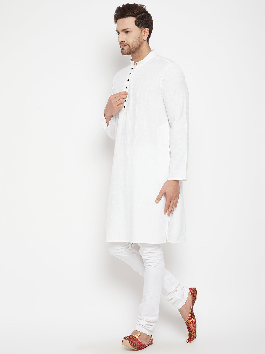 Men's White Color Long Kurta with Band Collar