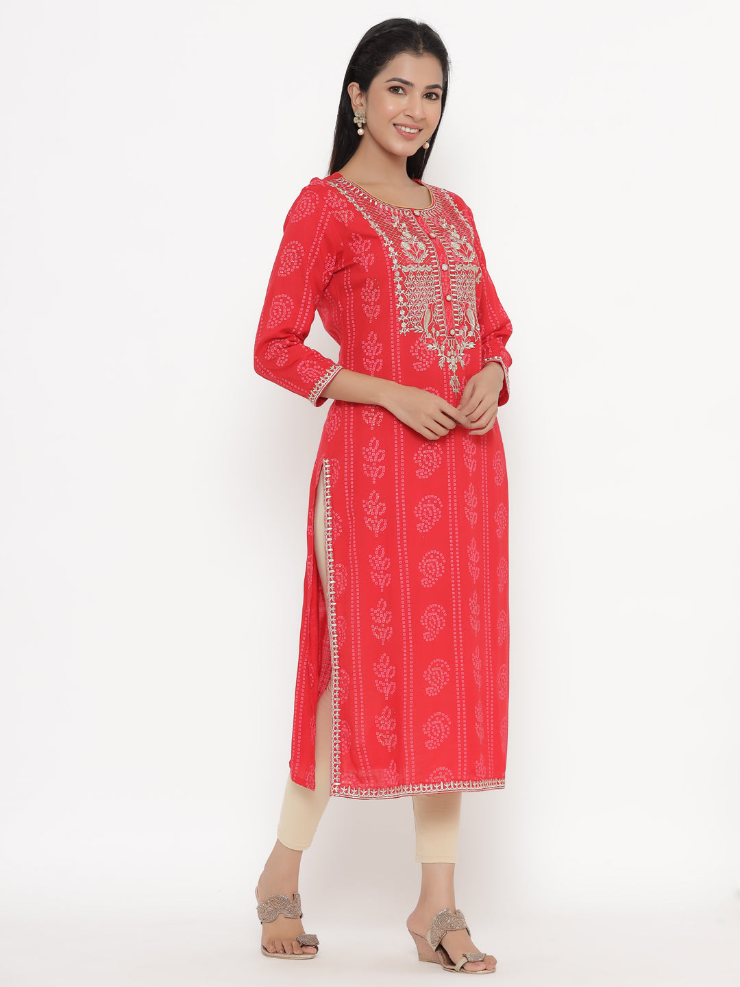 Women's Self Desgin Rayon Fabric Straight Kurta Red Color