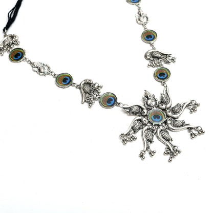 Oxidised Silver-Plated Peacock design Necklace with Earrings Jkms_133