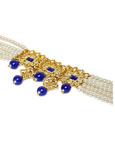 Women's Gold Plated Blue Beaded Choker Set Studded with Pearl & Kundan with Earrings & Maang Tikka