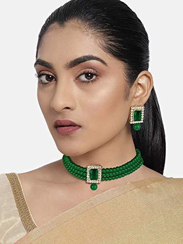 Women's  Gold Plated Handcrafted  Green Stone Studded Pearl Choker Necklace Jewellery Set With Earrings