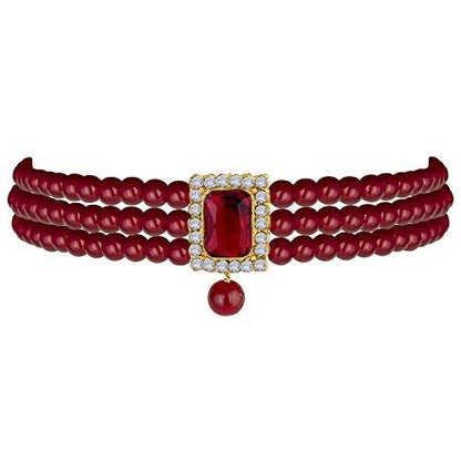 Women's  Gold Plated Maroon Handcrafted Stone Studded Pearl Choker Necklace Jewellery Set With Earrings