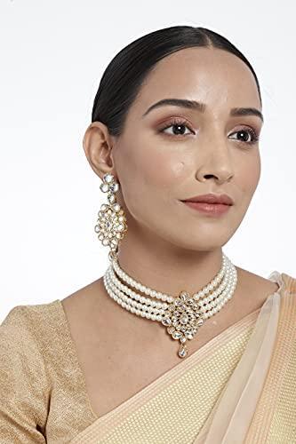 Women's Gold Plated White Kundan with Beads Choker Necklace Set