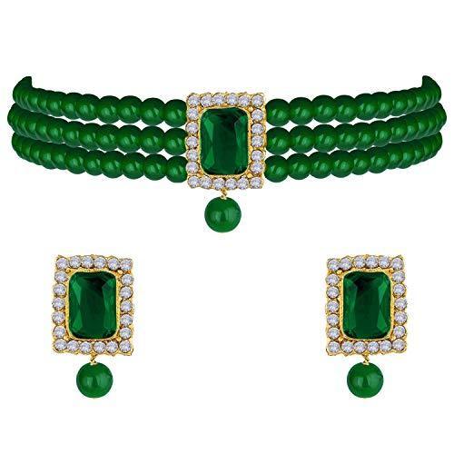 Women's  Gold Plated Handcrafted  Green Stone Studded Pearl Choker Necklace Jewellery Set With Earrings