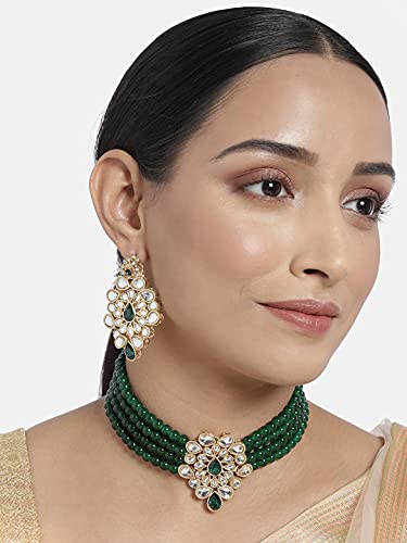 Women's Gold Plated Green Kundan with Beads Choker Necklace Set