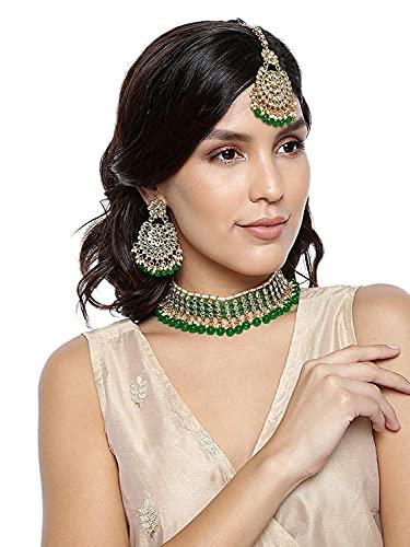 Women's Gold Plated Green Kundan & Pearl Studded Choker Necklace Set