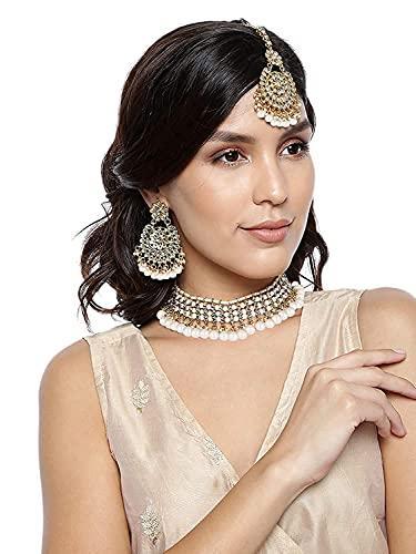 Women's Gold Plated White Kundan & Pearl Studded Choker Necklace Set