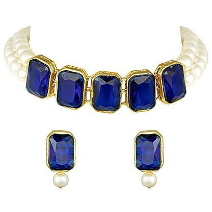 Women's Gold Plated Blue Crystal Stone Pearl Studded Choker Necklace Set